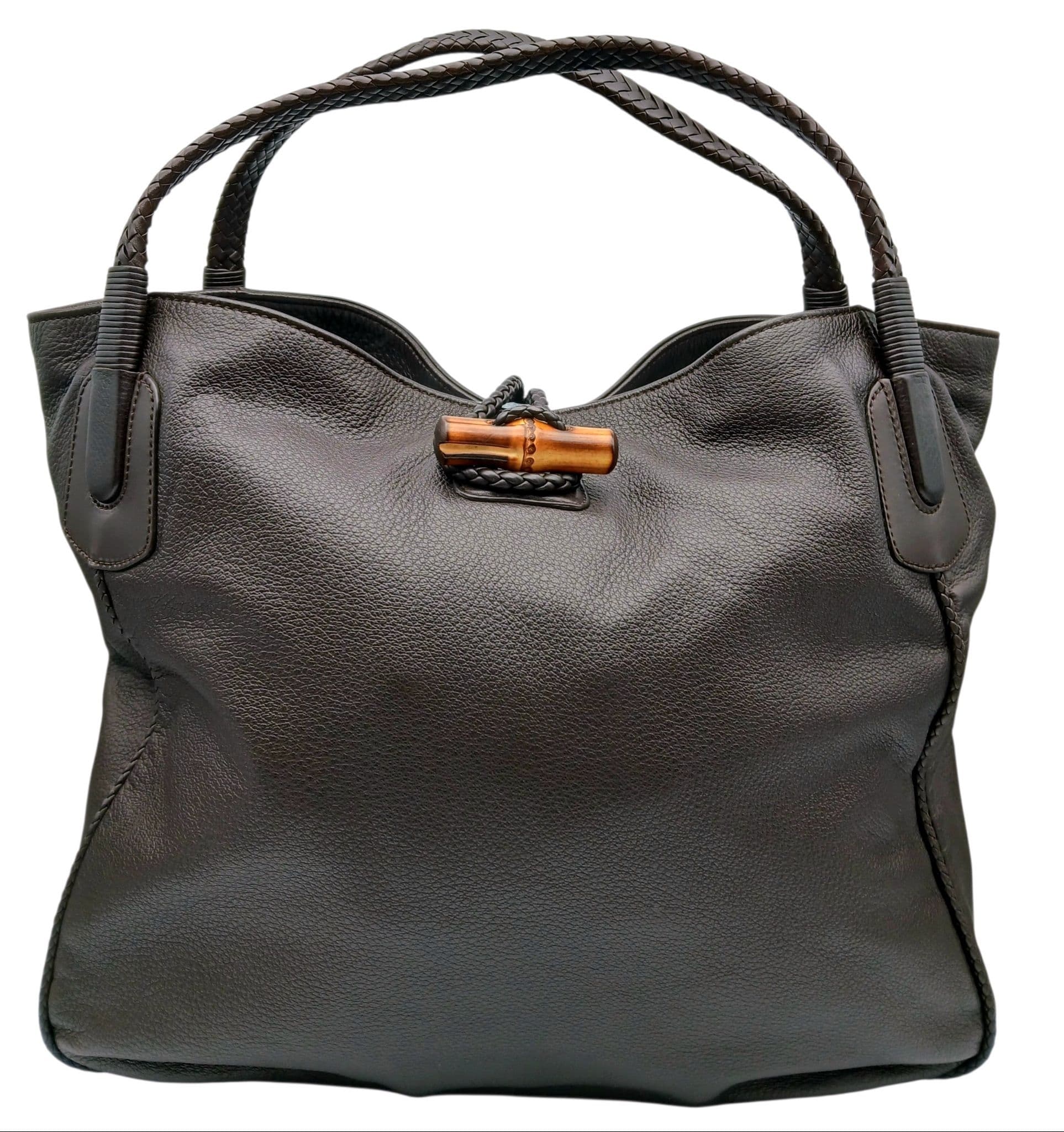 A Gucci Dark Brown Leather Bamboo Toggle Tote Bag.