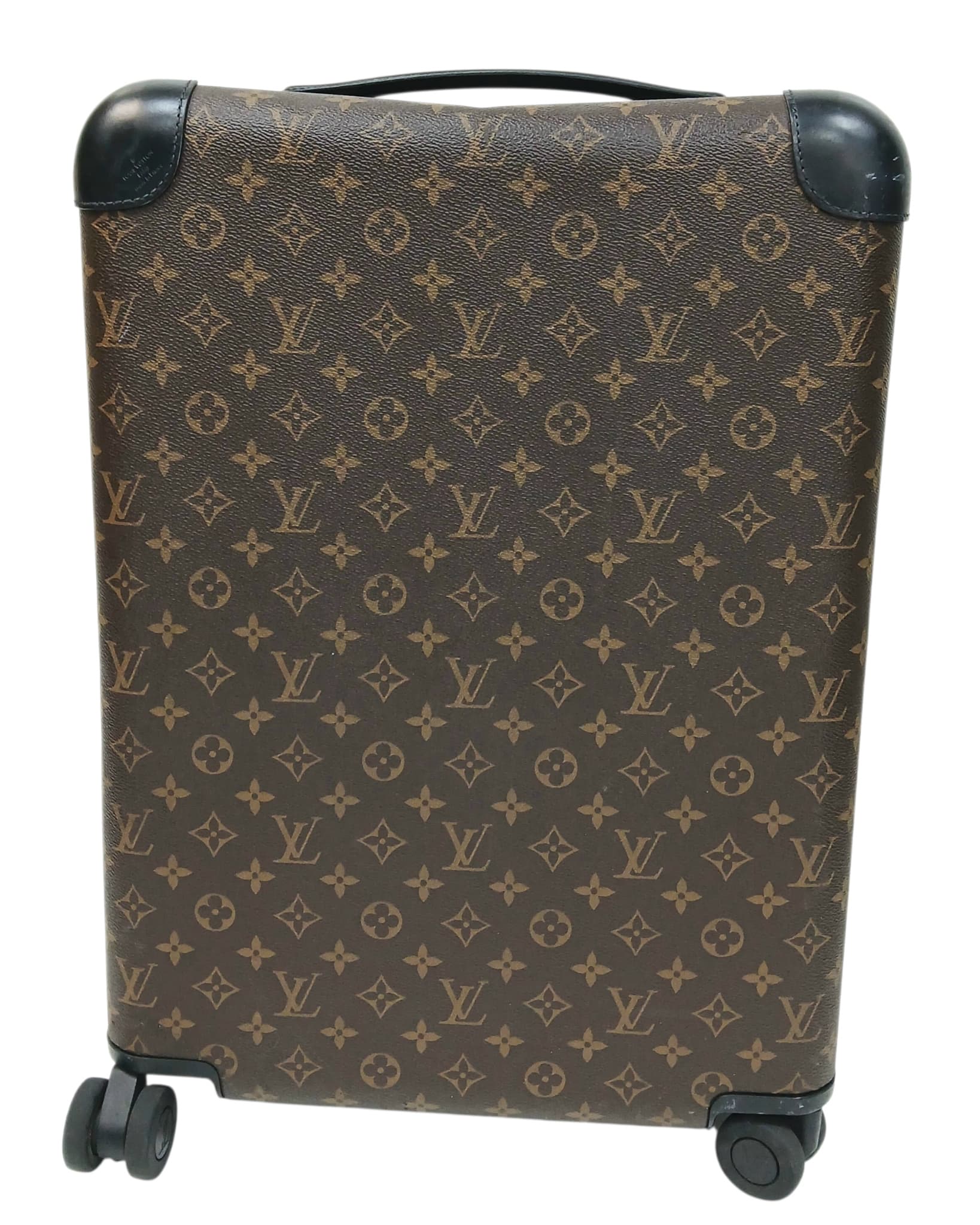A Louis Vuitton Monogram Macassar Horizon 55 Rolling Suitcase. Monogram coated canvas exterior with matte aluminium frame, black leather trim, top and side handles, four wheels and wrap-around zip closure with integrated TSA lock. Black textile interior with elastic straps and zipped compartment. Approximate size: 36cm length x 53cm height x 20cm depth. Signs of use including surface scratch, scuffs to corners and frame, and a small puncture to the canvas. Please see photos or request a condition report.