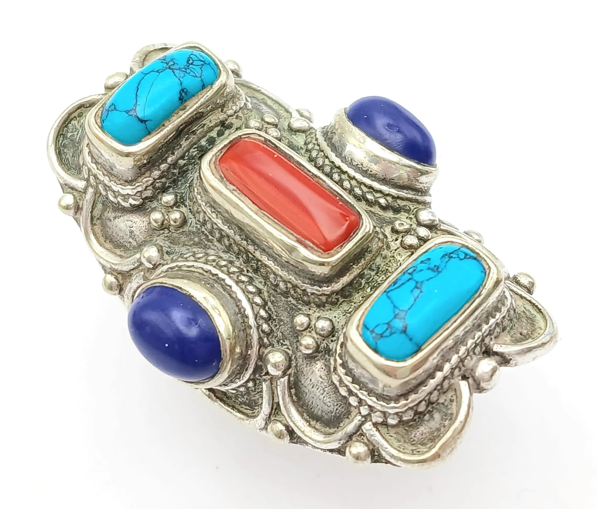 Magnificent Vintage Artisan SILVER RING set with TURQUOISE, LAPIS, and CORAL GEMSTONES. Size R - R 1/2.