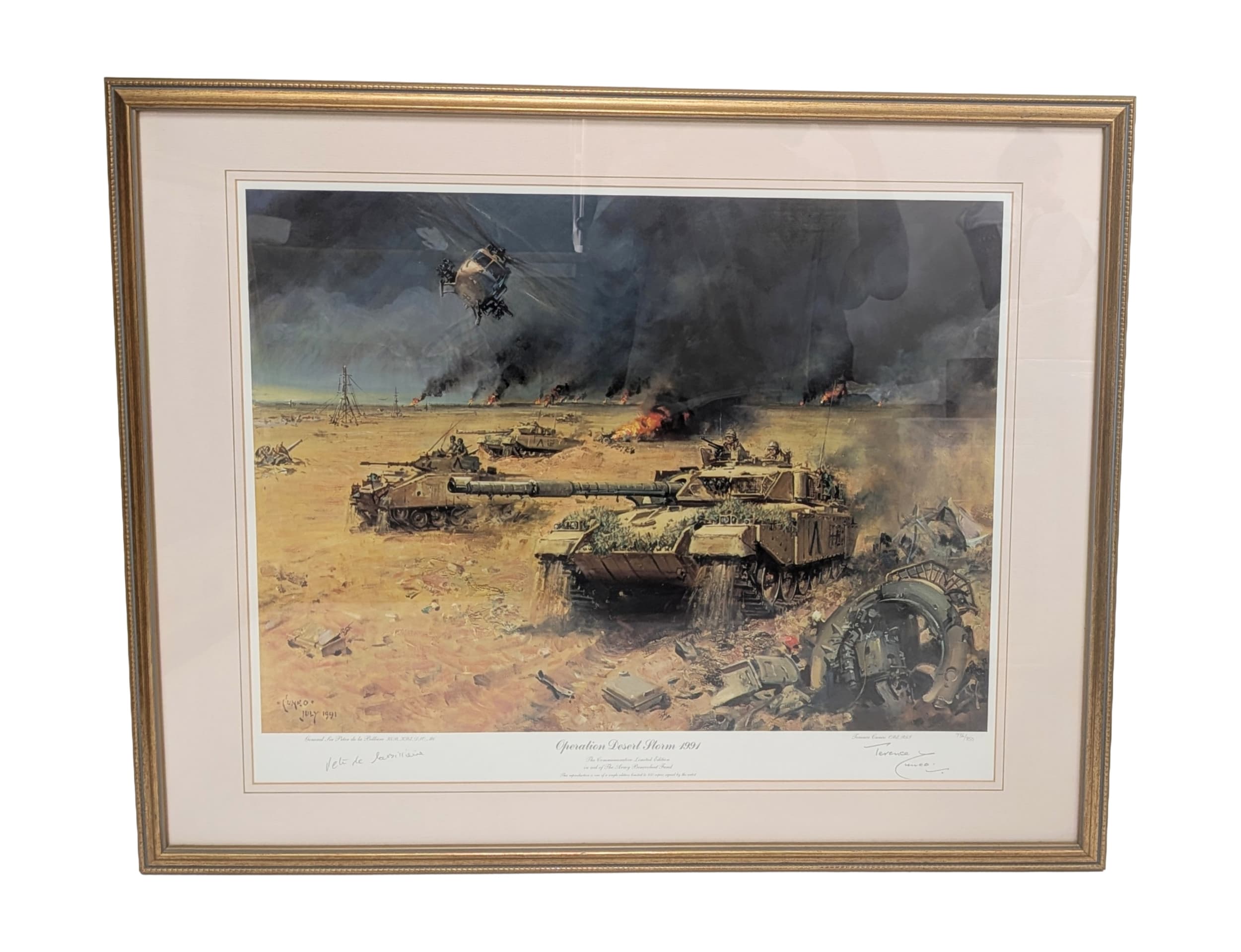 A framed limited edition print by Terence Cuneo, 'Operation desert storm'. No. 736/850. Signed in pencil. Frame 80cm x 65cm. Nice condition.