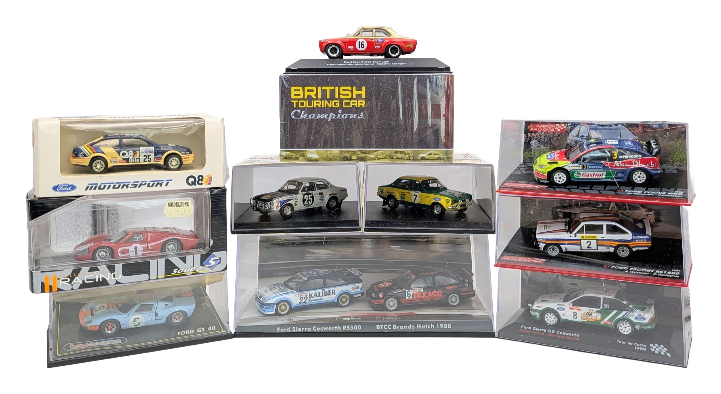 Ten 1/43 scale diecast Ford motorsport model cars. All in original boxes. In good condition.