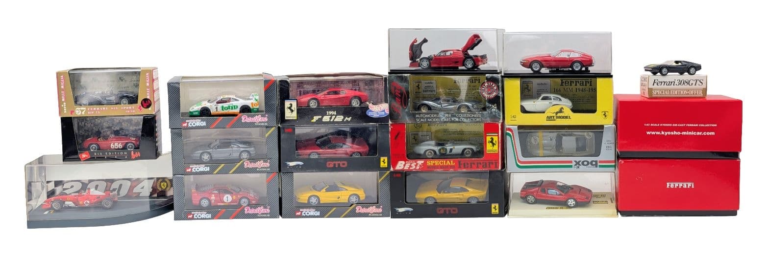A collection of die cast Ferrari model cars. To include Kyosho, Hotwheels elite and Corgi detail cars. All in original boxes. 1/43 scale.