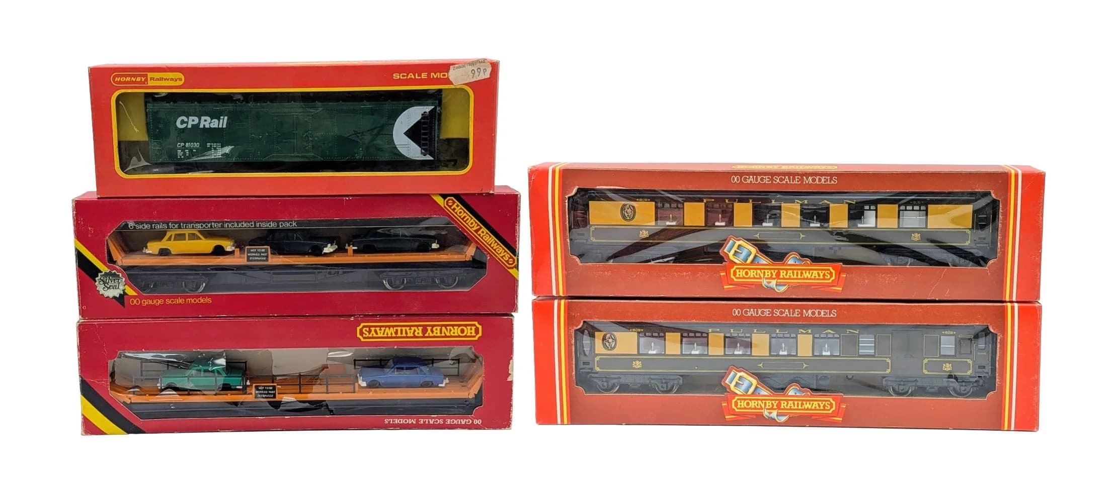 Five boxed Hornby OO gauge coaches and wagons. Good condition.