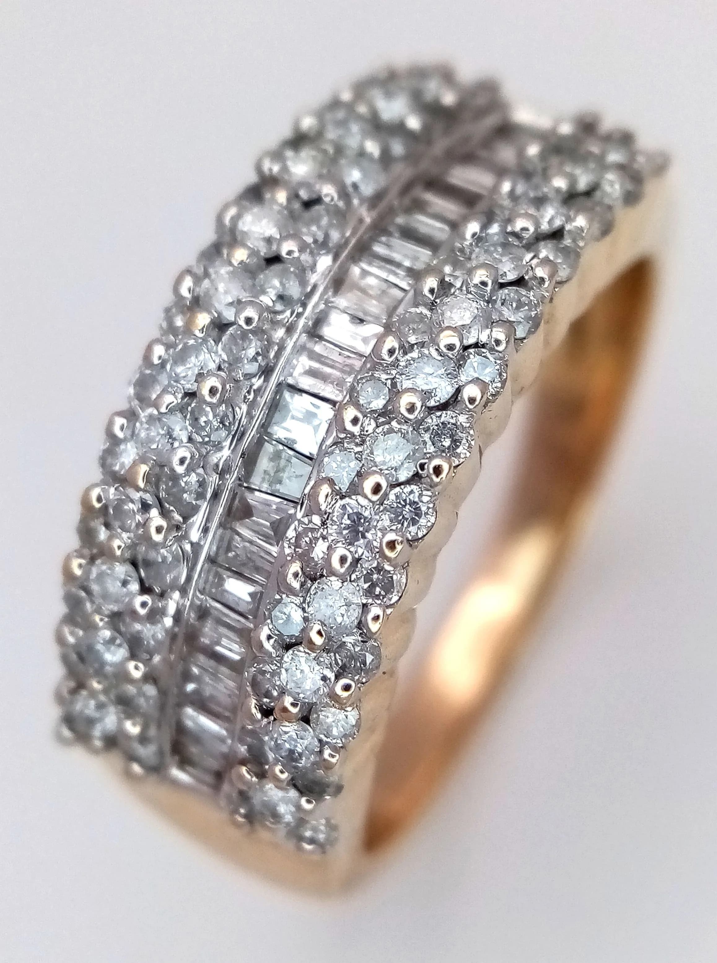 A 9K YELLOW GOLD, MIXED CUT, DIAMOND SET, BAND RING. 0.80CTW. 6.8G, SIZE P. SC 5048