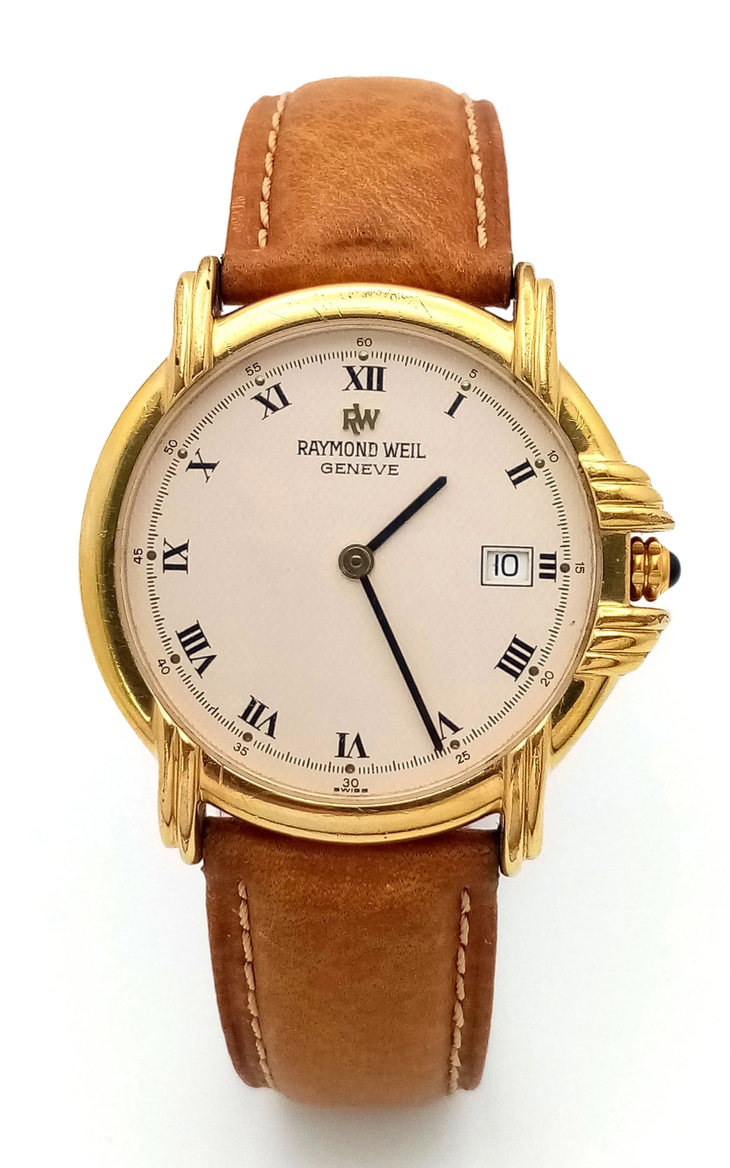 A Smart 18k Gold Plated Raymond Weil Quartz Date Watch Model 9155. 36mm Width.