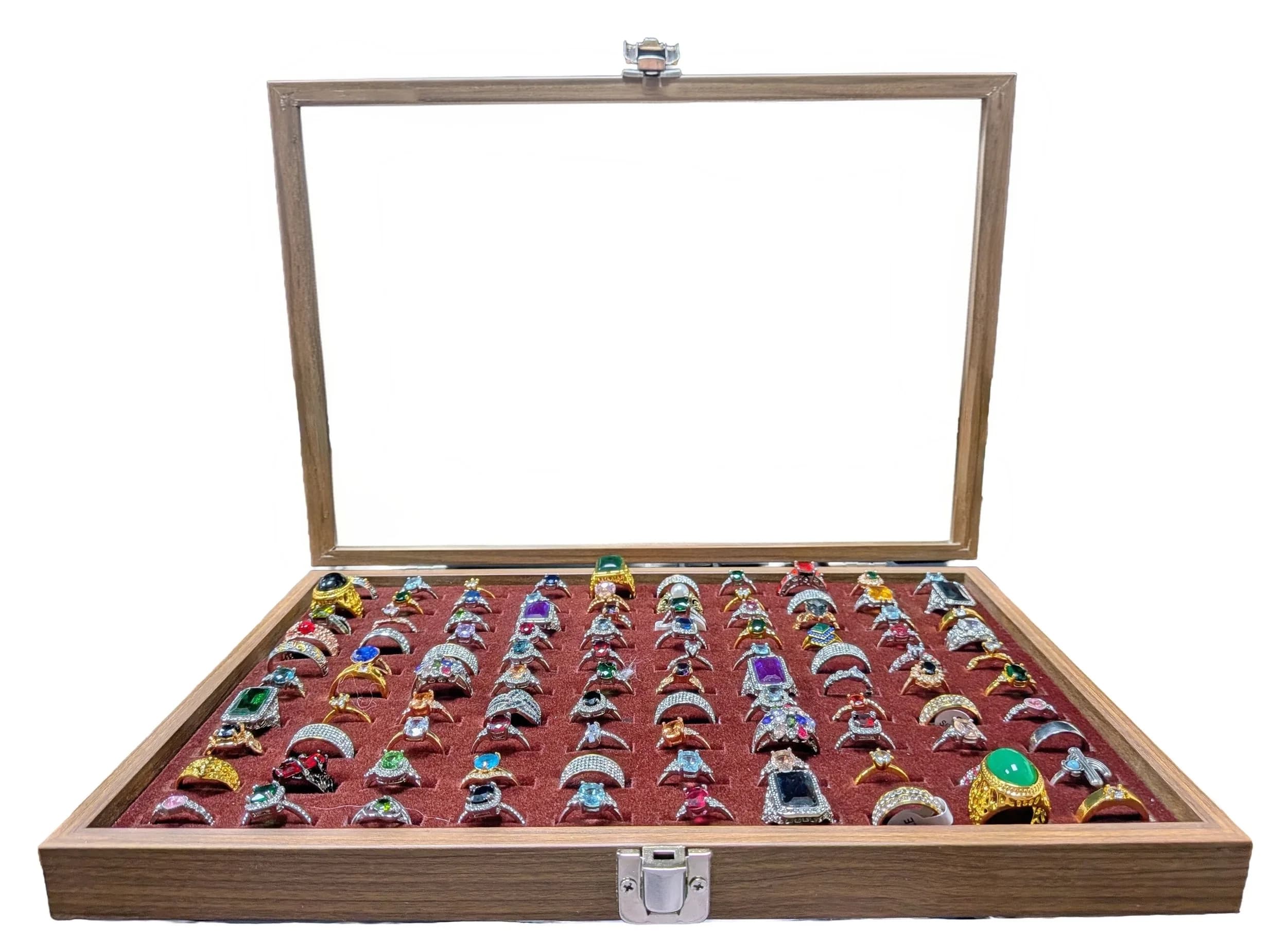 A Jewellery Display Case with 100 Rings! An absolutely fabulous lot with different colored set stones to acrylic/resin decoration. All types of stone cuts with gilded and white metal shanks of different design. Sizes range from small to large. All rings in excellent condition. Case size - 35 x 24cm.
