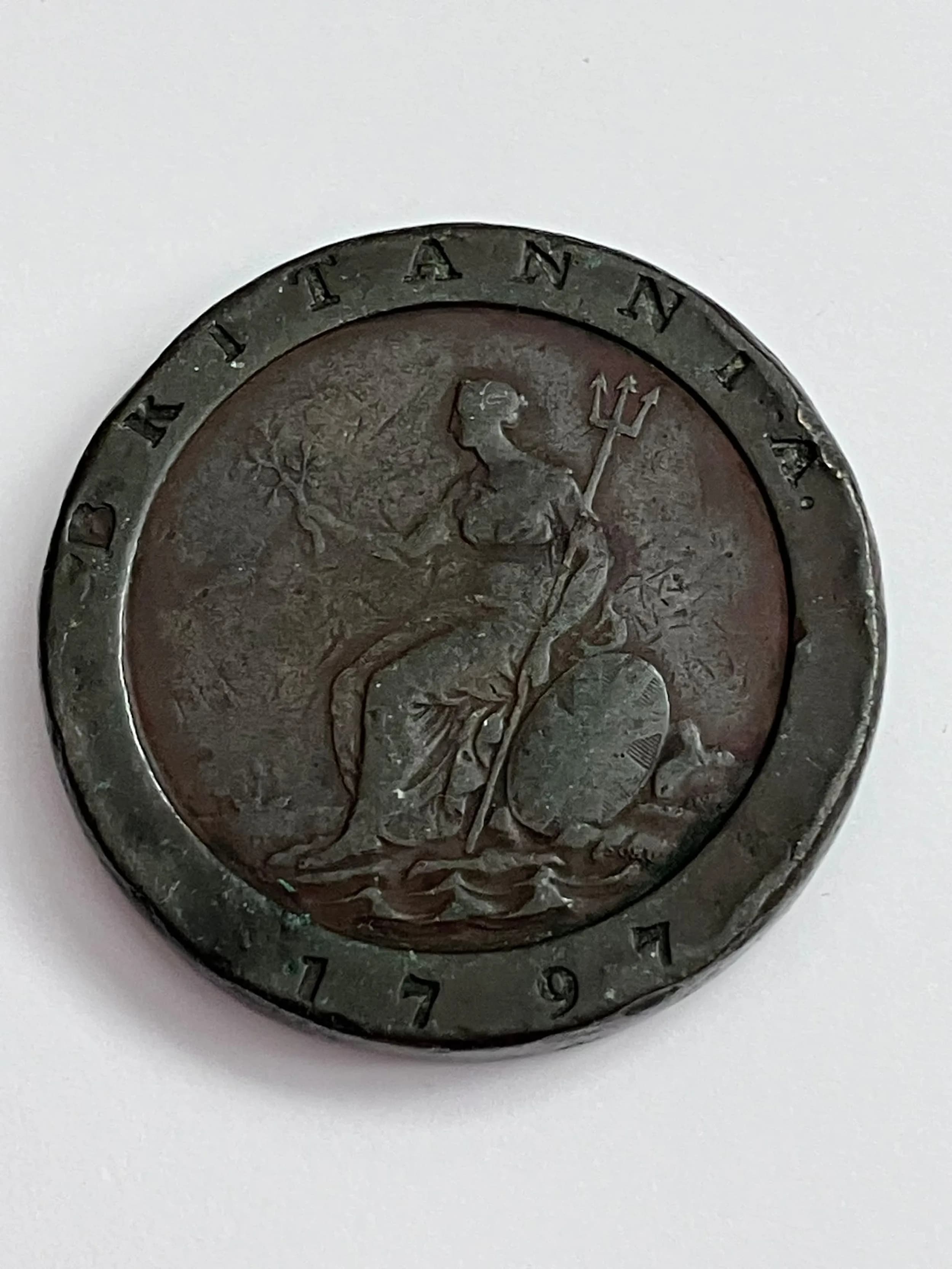 1797 GEORGE III COPPER CARTWHEEL TWO PENCE COIN. Nice Antique Patination. Fine/Very Fine Condition.