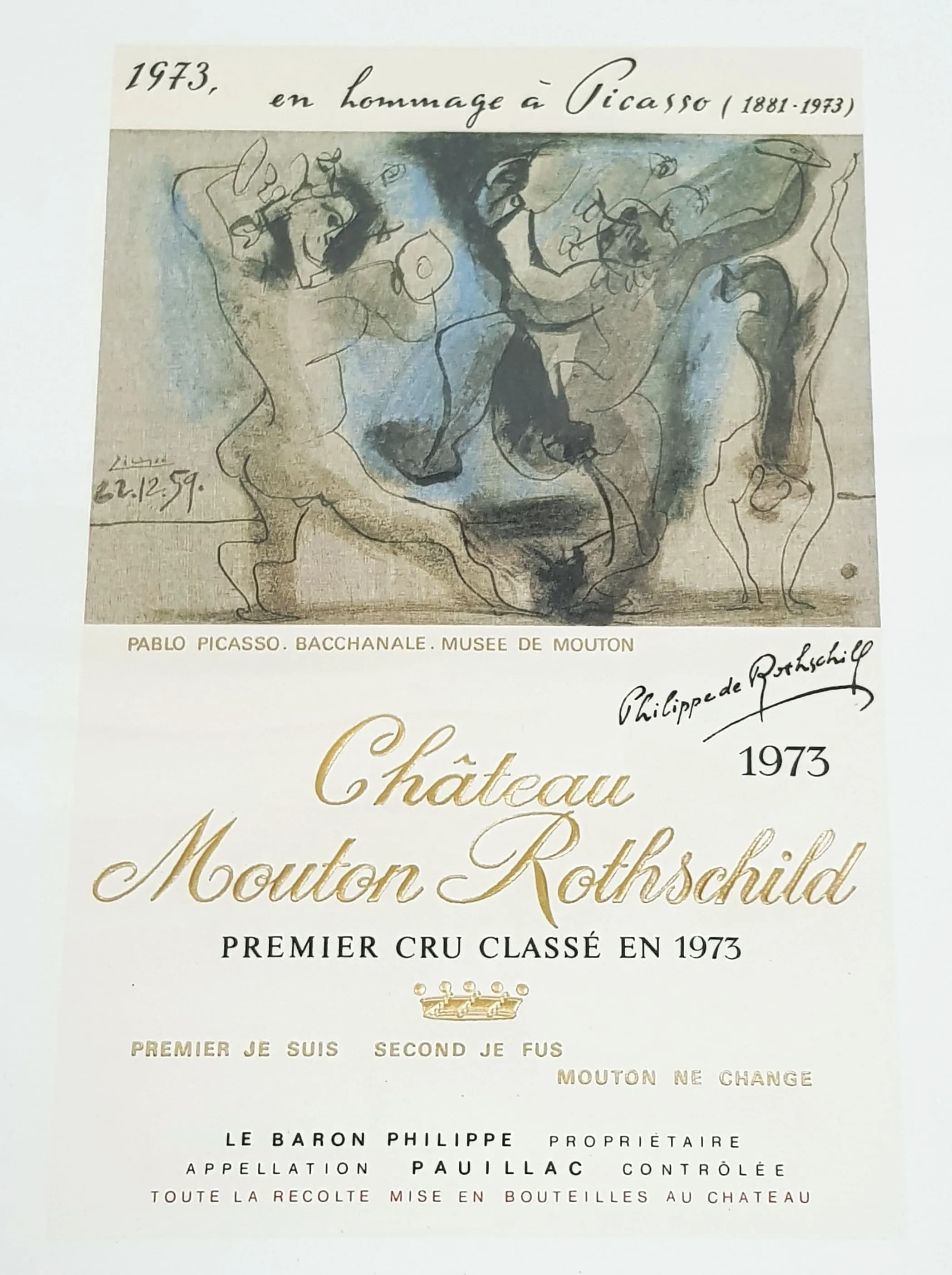 A Framed Limited Edition Lithograph Print of the 1973 Chateau Mouton Rothschild Wine Label. Features 'Bacchanale' by Pablo Picasso, which was used on the original label to commemorate his death and the wine's elevation to Premier Cru Classé (First Growth) status. 16cm length x 25cm height artwork, 45cm length x 63cm height frame. Please see photos for condition.