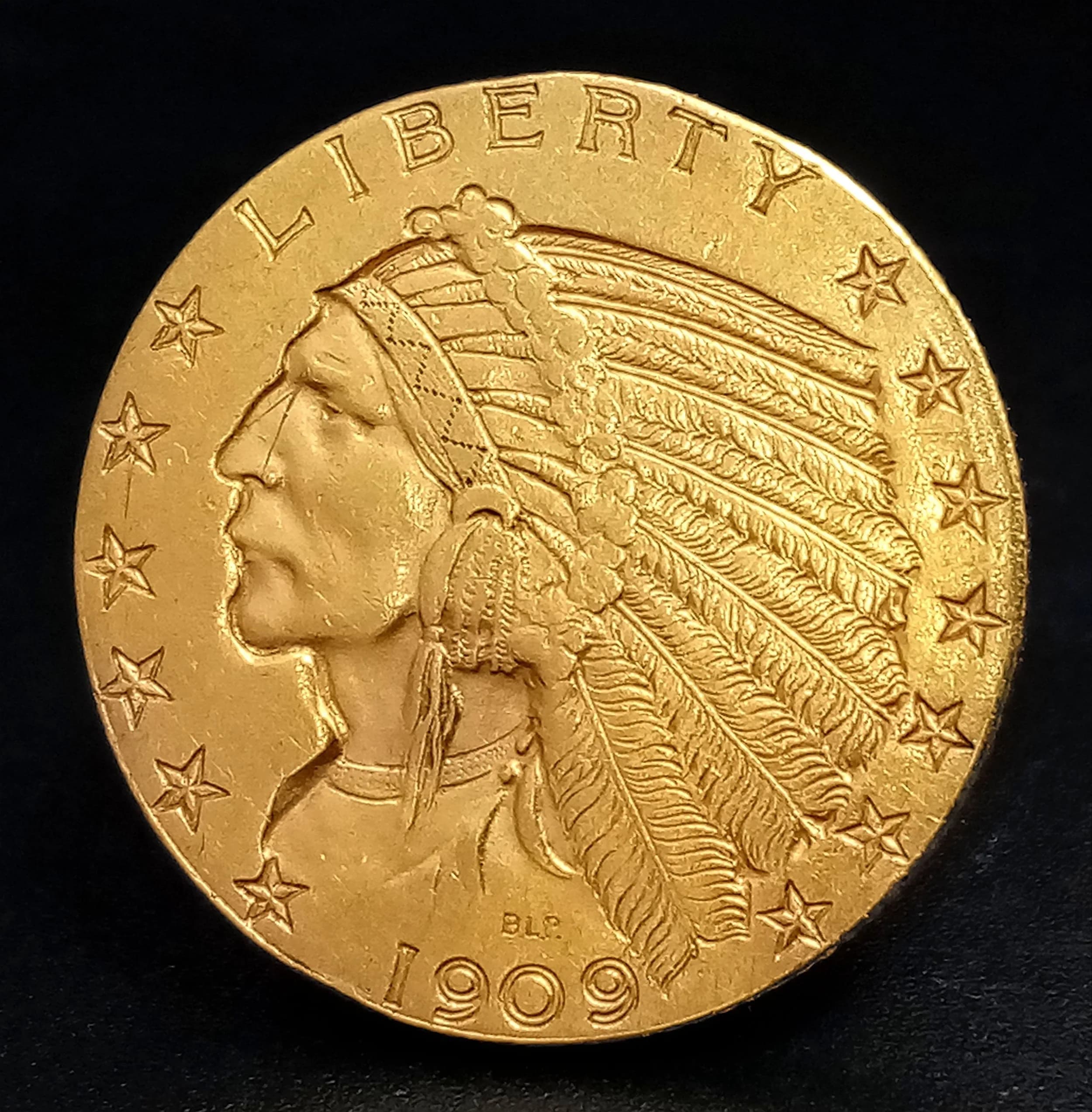 A 1909, DENVER MINT, INDIAN HEAD, 5 DOLLAR COIN. TOTAL WEIGHT 8.3G. C 5001