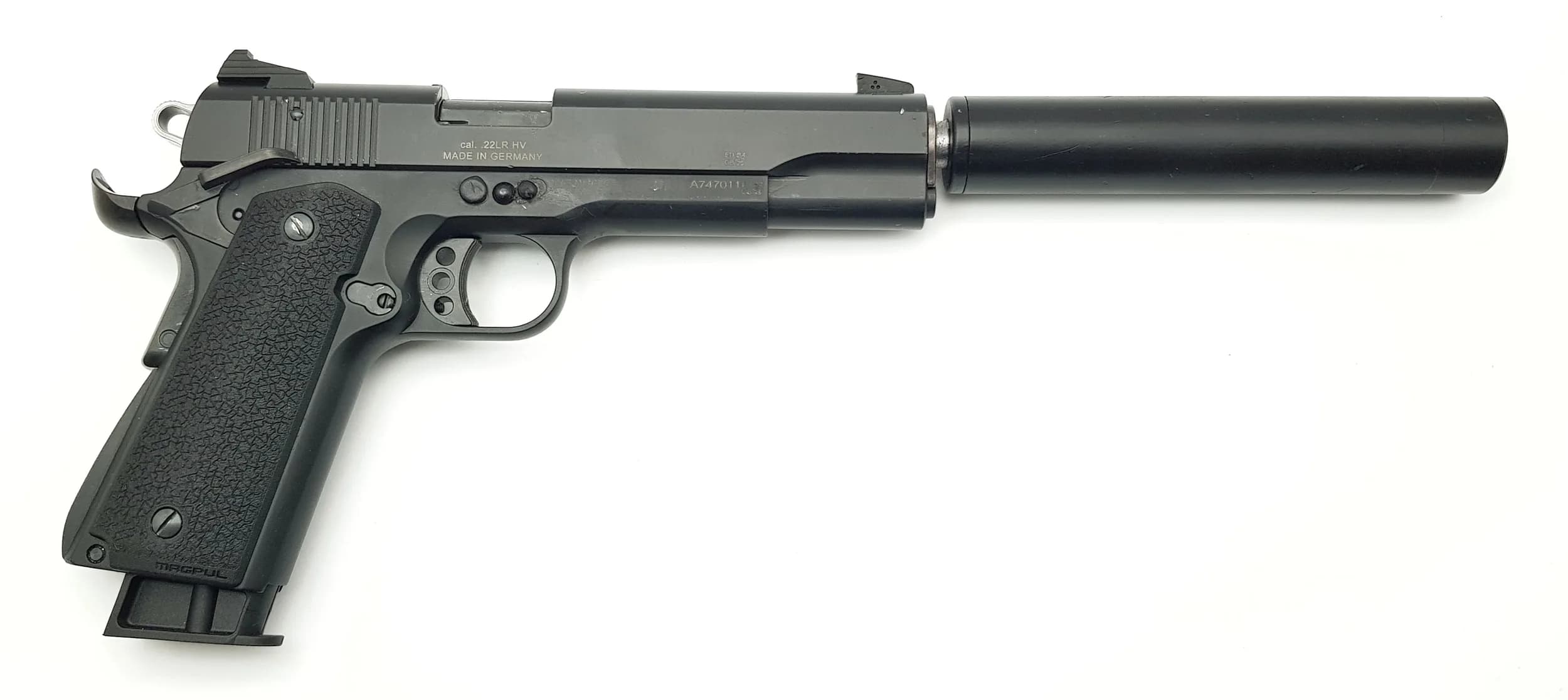 A Deactivated German Model GSG 1911 Semi-Automatic Pistol with Silencer. Calibre .22. Retractable magazine and detachable silencer. Comes with an EU deactivation certificate. UK/EU sales only - Not Holland. UK Mainland shipping only or arrange a courier.