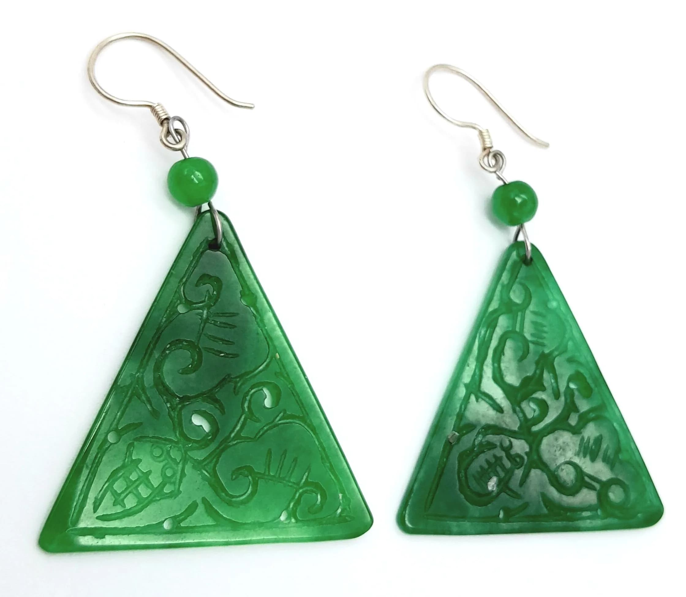 A Hand Carved Pair of Green Jadeite Jade Triangular and Beaded Earrings. 6cm drop, 3cm Width.