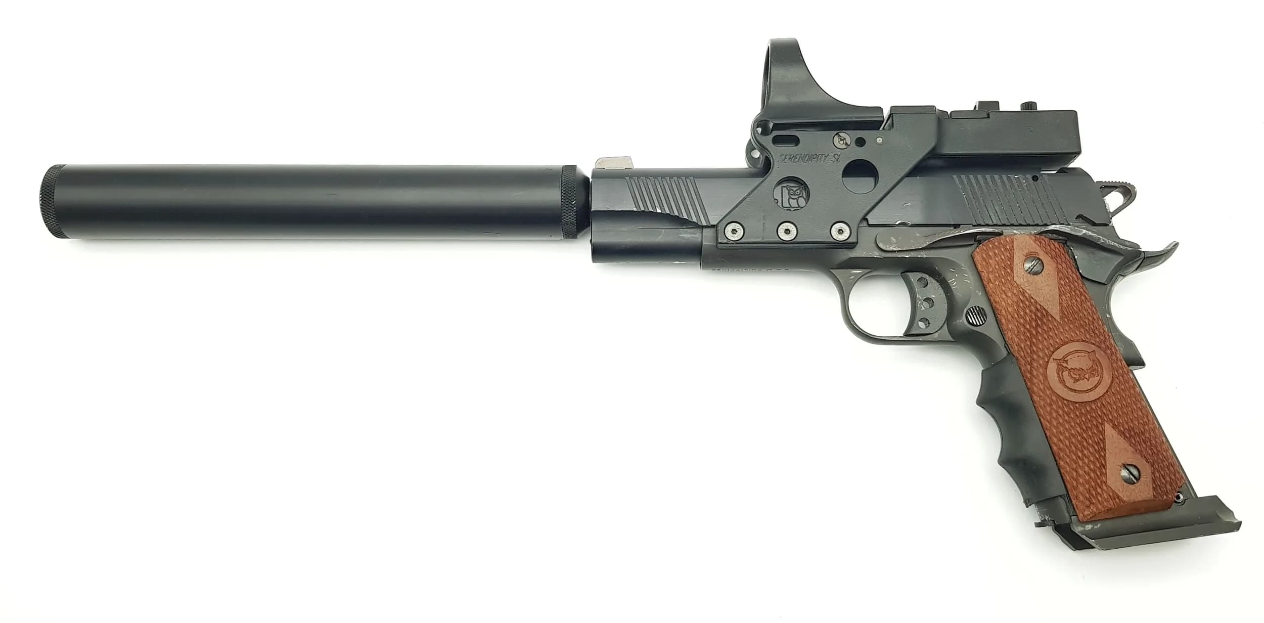 A Deactivated USA, Ivor Johnson 1911A1 Semi-Automatic Pistol with Detachable Silencer. 22Lr calibre. Comes with an EU deactivation certificate. UK/EU sales only - Not Holland. UK Mainland shipping only or arrange a courier.