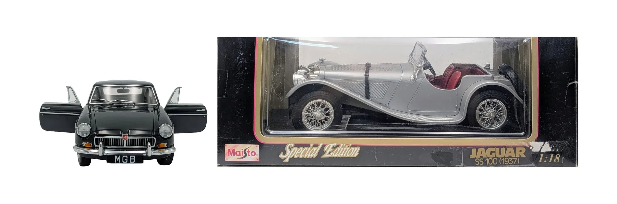 Two 1/18th scale die cast model cars. An Autoart MGB GT Coupe MK11 & A Maitso Jaguar SS 100. Good condition.