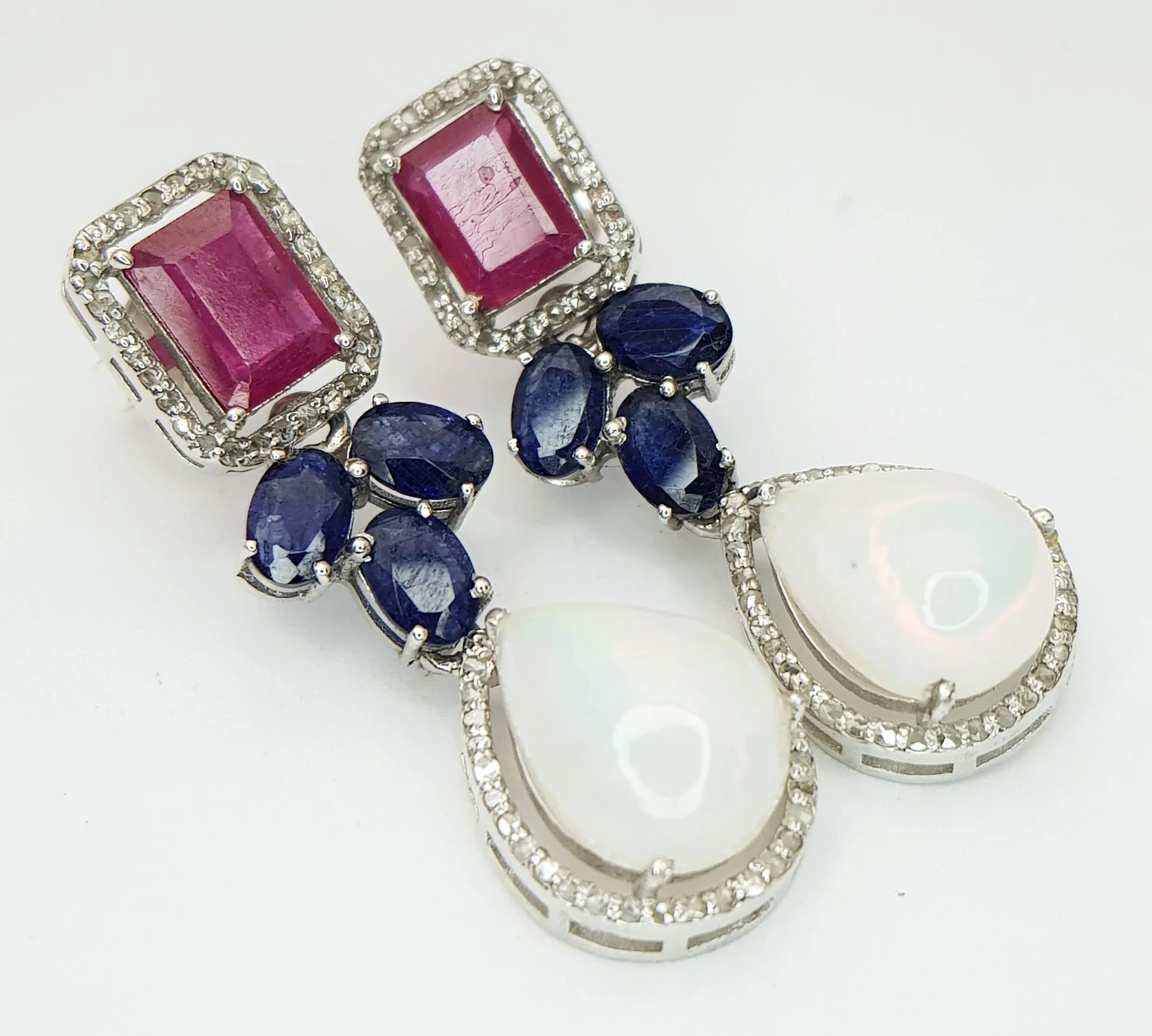 A Pair of 925 Sterling Silver Opal, Ruby, Sapphire and Diamond Set Pair of Drop Earrings